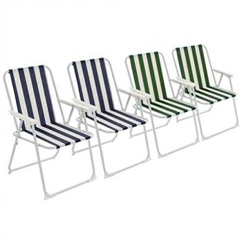 Folding Metal Beach Chairs Blue/Green Stripe Pack of 4