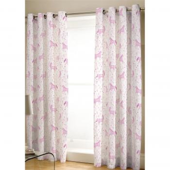 Catherine Lansfield Folk Unicorn Eyelet Curtains for Kids (Two Panels, 66x72 Inch, Pink)