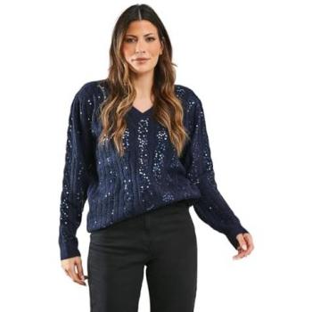 Navy Women's Sequin Cable Knit Sweater