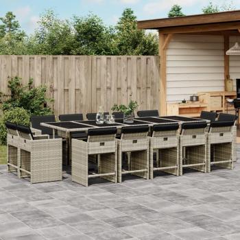 15-Piece Light Grey Poly Rattan Patio Dining Set with Cushions