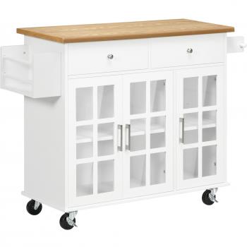 HOMCOM Carro de Cocina con 2 Cajones y 3 Puertas de Vidrio Templado 124,5x39,5x90 cm