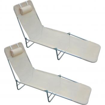 Set Outsunny di 2 Lettini Giardino Pieghevoli con Schienale Reclinabile a 4 Livelli, Metallo e Tessuto a Rete, Beige