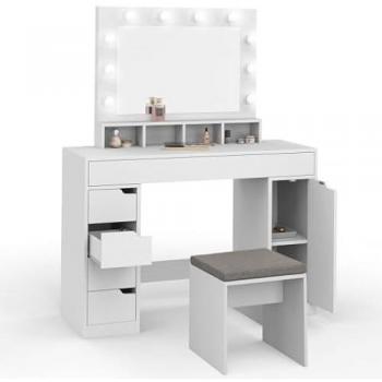 Coiffeuse LED Zelia en blanc : 4 niches, 5 tiroirs, caisson de rangement et tabouret rembourré
