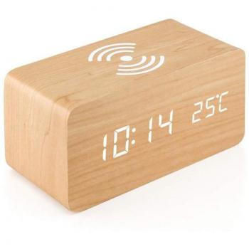 Wooden Digital Alarm Clock with Qi Charging for iPhone and Samsung