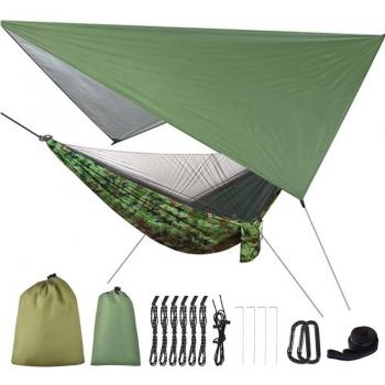 Hamaca Doble para Acampar con Mosquitera y Cubierta de Lluvia, 200kg, 290x140 cm, Nailon