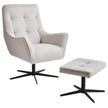 Poltrona con sgabello beige chiaro, tessuto boucl, gambe legno retrò-moderno