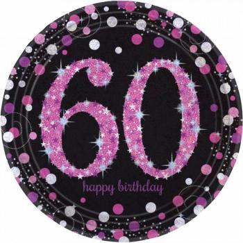Rosa Party-Teller für den 60. Geburtstag, funkelnd (Packung mit 8)