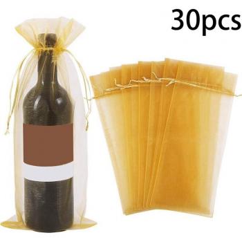 Christmas Organza Wine Bag, Gold Mesh Bottle Cover with Drawstring (30 Pcs)