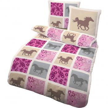 Duvet-Set 3-tlg. mit Pferdemotiv Biber rosa 135x200 cm (80x80 cm)