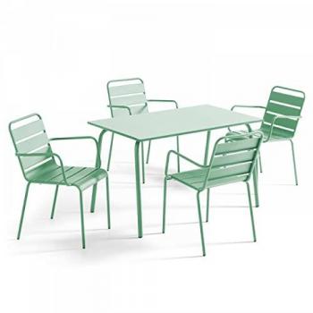 Ensemble repas pour extérieur, table et 4 sièges en métal coloris vert sauge