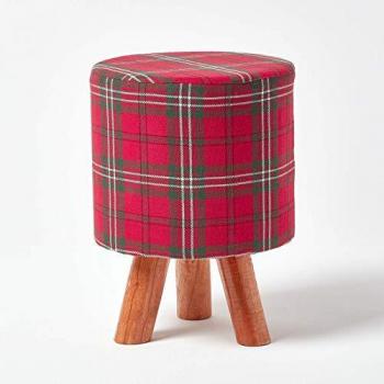 Red Tartan Fabric Footstool with Wooden Legs