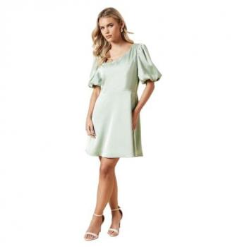 Mini Dress for Women: Petite DP Luxe, Square Neck, Puff Sleeves – Sage
