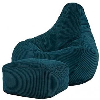 Pouf Inclinable Icon en Velours Côtelé Bleu Canard avec Repose-Pied