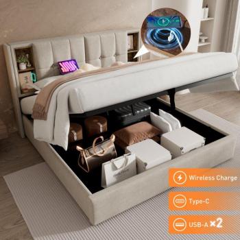Doppelbett “EcoCharge” – Naturleinen‑Lattenrost, integrierter USB‑C, Stauraum