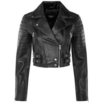 Infinity Leather Damaskus Biker‑Jacket Damen – Kurz geschnitten, Schwarz, EU 36
