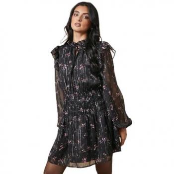 Oasis Floral Metallic Chiffon Mini Dress in True Black