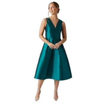 Structured Twill Plunge Neck Midi Dress in Emerald