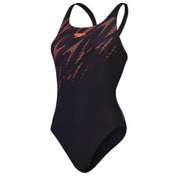 Speedo Hyperboom Placement Muscleback Bañador de Natación para Mujer, Secado Rápido, Entrenamiento, Fitness, Resistente al Cloro, Negro/Rojo Sirena/Ciruela Dandy, Talla 32