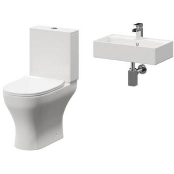 Wholesale Domestic Tomar Wall Hung Basin and Toilet Suite including Square Polished Chrome Bottle Trap and Open Back Toilet | White | Ceramic | 505mm