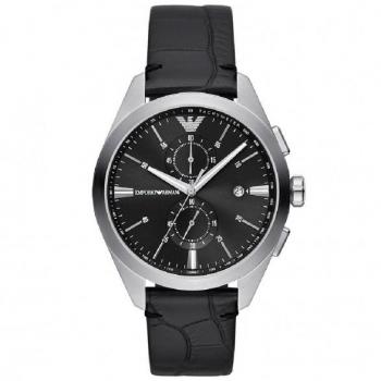 Emporio Armani Chronograph, AR11542, Herrenuhr mit schwarzem Lederarmband und schwarzem Zifferblatt