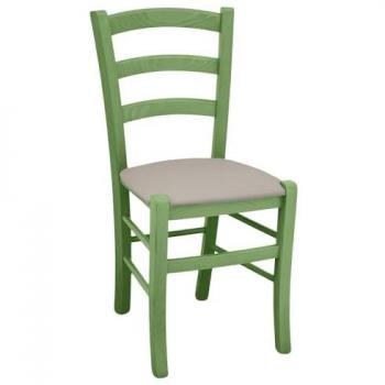 Silla de Madera Venezia Verde OKAFFAREFATTO, asiento en piel sintética gris tortola
