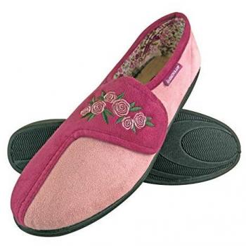 Dunlop Women's Adjustable Wide Fit Memory Foam Floral Velcro Slippers