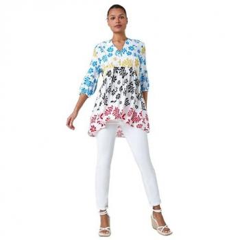 Multicolour Floral Print Ladder Trim Tunic Top for Women