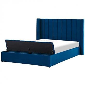 Lit double en velours bleu marine avec banc coffre 160 x 200 cm NOYERS
