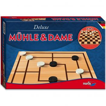 Doppelseitiger Spielplan mit Holzfiguren für Mühle und Dame