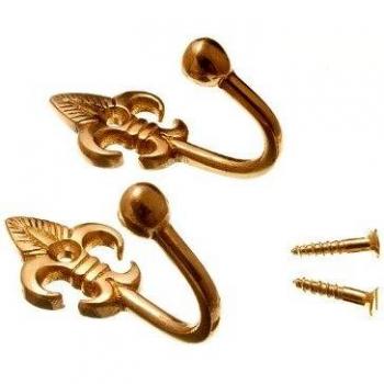 Curtain Tie Back Hold Hooks Fleur de Lys Ball End Brass + Screws