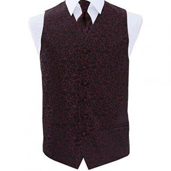 New DQT Swirl Black and Burgundy Men's Wedding Waistcoat Vest & Classic Neck Tie Set