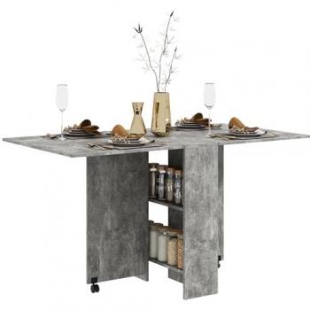 Mesa Homologada HOMCOM Plegable con Alas Abatibles y Estantes – Gris Cemento 75×140×74 cm