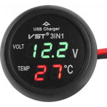 Pantalla Digital 3 en 1 para Coche: Voltímetro, Termómetro y Cargador USB