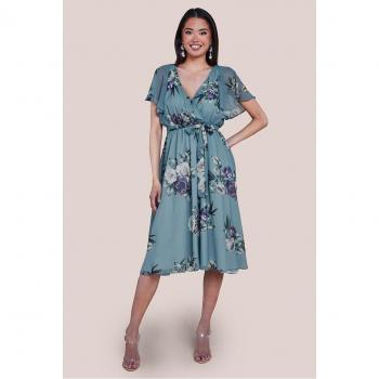 Flutter Sleeve Midi Dress in Airforce Blue with Floral Pattern