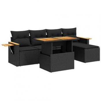Jardín Comfort: Sofás y Cojines Acacia Negro – 6 piezas
