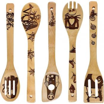 Juego de utensilios de madera de bambú para Halloween (5 unidades): palas, wok ranurado y cuchara-espátula para cocinar