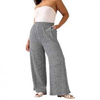 Wide‑Leg Gingham Crinkle Dress Pants – Black, Women's Size 26‑28