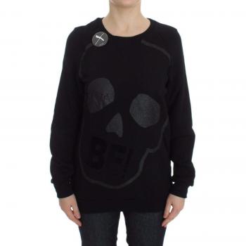 Exte Black Cotton Motive Print Crewneck Pullover Sweater