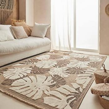 Tapis intérieur/extérieur aspect jute motifs feuilles noires 200x290 cm