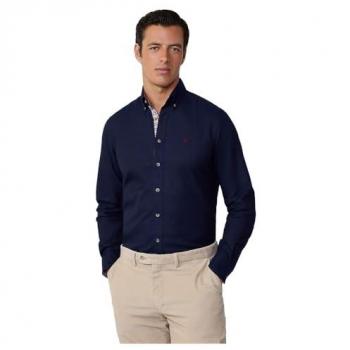 Camisa de hombre Hackett London HM3010065, casual, algodón, manga larga, azul marino (S)