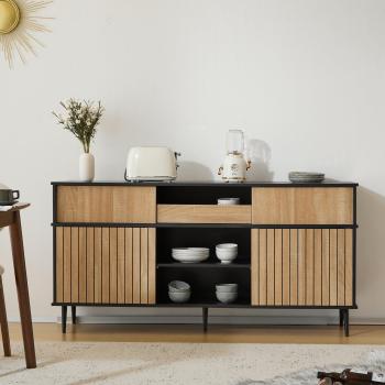 Cómoda Merax Negra con Accento Natural – 4 Puertas y Cajón, 160x40x80