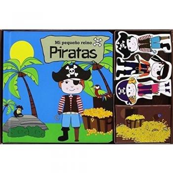 Caja de juegos piratas con libros, rompecabezas y figuras de madera