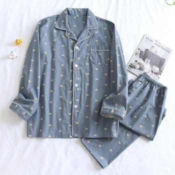 Ropa nocturna de algodón para hombre, conjunto de pijama de 2 piezas, pantalones largos, manga larga, cintura elástica, talla grande, primavera/otoño