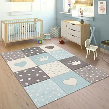 Kinderteppich Kinderzimmer 3D Konturenschnitt Punkte Herzen Sterne Pastell Blau 200x290 cm