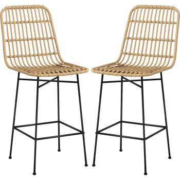 HOMCOM Barhocker 2er-Set mit Rückenlehne aus Rattan und Stahl, Boho-Stil, bis 120 kg