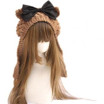 Kawaii Girl Camel Bear Ear Warm Wool Hat with Bow D559