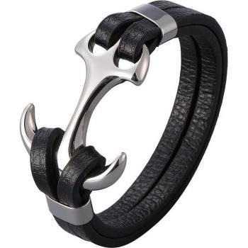 Men's Black Leather Multi-Layer Bracelet with Stainless Steel Anchor
