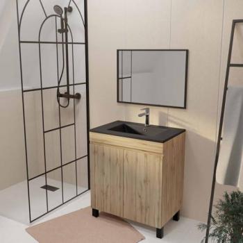 Meuble de Salle de Bains 70cm à Portes en Chêne Naturel et Vasque Noire