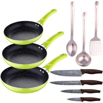 Set de 3 sartenes San Ignacio con utensilios de cocina y cuchillos