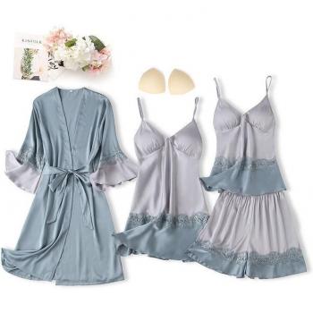 Ropa de dormir sexy de 4 piezas para mujer en primavera-verano